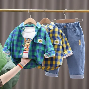2023, Весна-осень, Комплект одежды из 3 предметов для мальчиков, Клетчатые рубашки, толстовка с рисунком, Джинсы, брюки, костюм для маленьких мальчиков