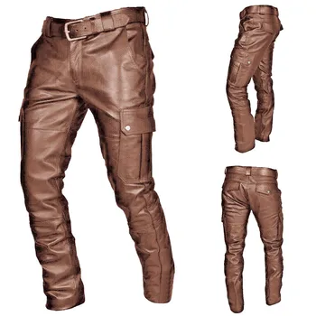 2023 Взрывные мужские кожаные брюки в стиле панк, ретро, готика, Повседневные кожаные брюки с искусственным ремешком, Мужские брюки, Мужская одежда
