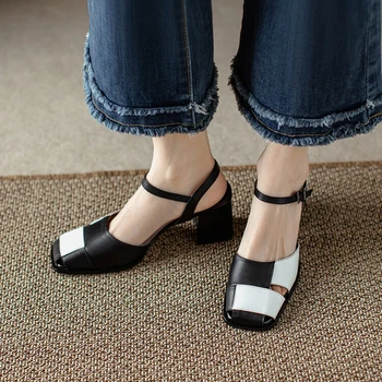 2023 Летняя женская обувь с закрытым носком, женские босоножки на массивном каблуке, обувь из натуральной кожи, женские босоножки в римском стиле в стиле ретро на высоком каблуке