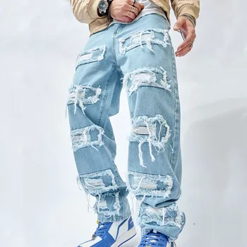 2023 Простые Стильные мужские Рваные заплатки в стиле хип-хоп, свободные джинсовые брюки, Уличная одежда, мужские прямые джинсовые брюки