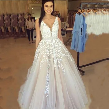 2023 Свадебное платье для выпускного вечера на Заказ Большого размера для новобрачных с глубоким V-образным вырезом и открытой спиной Белого и Розового цвета Шампанского