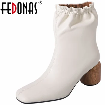 FEDONAS/ Женские ботильоны на толстом высоком каблуке, осень-зима, натуральная кожа, квадратный носок, элегантная офисная женская обувь для вечеринок, новинка