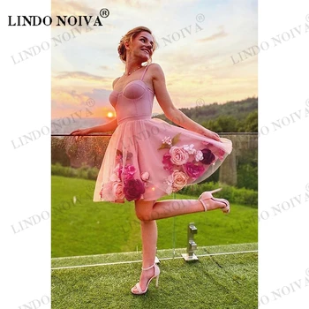 LINDO NOIVA Розовое платье для встречи выпускников в стиле милой девушки, мини-коктейльные платья на бретельках с цветочным рисунком, новинка 2023 года, короткая юбка.