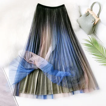 NEEDBO, плиссированная юбка, Женская фатиновая юбка большого размера, Женская градиентная Длинная юбка трапециевидной формы, эластичная сетчатая юбка с высокой талией в стиле Звездного неба