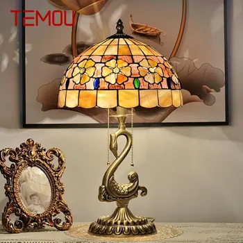 TEMOU Современная латунная настольная лампа LED European Tiffany Shell Decor Ретро Медные настольные лампы для дома Гостиной Спальни