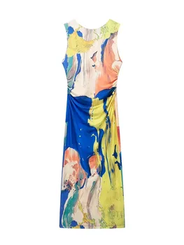 TRAF 2023 Летнее новое женское модное сексуальное платье средней длины со смешанным принтом, повседневная плиссированная майка в стиле бохо