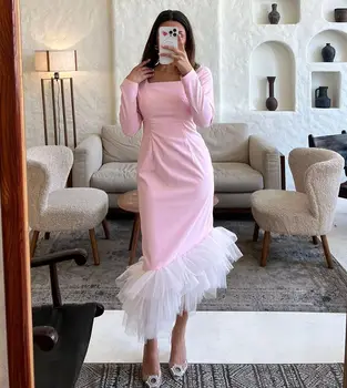 VD Розовые асимметричные вечерние платья с квадратным вырезом и длинными рукавами Платья для выпускного вечера Саудовская Аравия Свадебное платье для гостей на молнии сзади