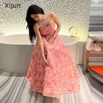 Xijun Розовые Вечерние платья Трапециевидной формы с 3D Цветами, Платья на бретельках Для выпускного Вечера, Вечерние платья из Саудовской Аравии, Длинные платья для Выпускного вечера 2023 Для женщин