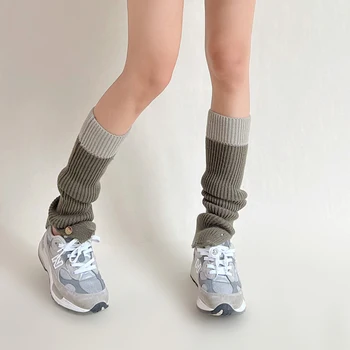 Y2K Весенне-осенние вязаные носки до середины икры в рубчик, Корейские гетры, двухцветные носки, носки с наборными пуговицами для девочек