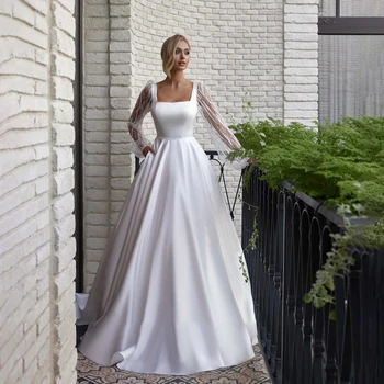 Атласное свадебное платье с квадратным вырезом и длинными рукавами, украшенными бисером, Винтажные свадебные платья принцессы с шлейфом трапециевидной формы без спинки