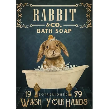 Ванна Rabbit & Co, Мойте руки с мылом, плакат с кроликами, плакат с забавным кроликом, Банни, декор для ванной комнаты, декор для детской комнаты
