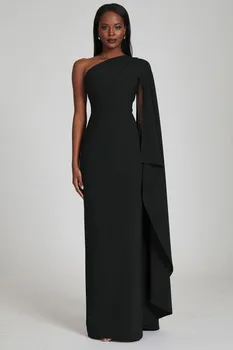 Винтажные Длинные черные вечерние платья на одно плечо из крепа-футляра длиной до пола для выпускного вечера для женщин