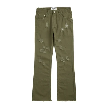 Военные зеленые джинсы-карго, брюки, Тонкая уличная одежда, Обтягивающие рваные джинсы с микророгами, хип-хоп, Необработанные края, выстиранные чернилами Тонкие джинсы