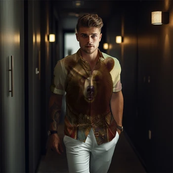 Высококачественная 3D рубашка с рисунком свирепой собаки и медведя, мужская рубашка оверсайз в стиле уличной моды в стиле ретро, летняя мужская новая рубашка с лацканами и пуговицами