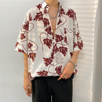 Высококачественная рубашка из ледяного шелка, летняя мужская рубашка в цветочек, короткий рукав, пляжная гавайская рубашка в гонконгском стиле, ретро, свободного кроя, оверсайз