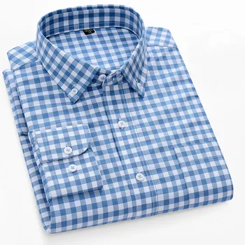 Высококачественные Роскошные клетчатые оксфордские мужские рубашки для общения Лето 2023, Длинные рукава, 100% Хлопок, Повседневная деловая официальная рубашка, одежда