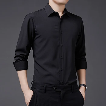Деловые повседневные рубашки с длинными рукавами Мужские 2023 Легкая эластичность Однотонные облегающие рубашки Мужские Белые Черные Синие рубашки Мужские топы