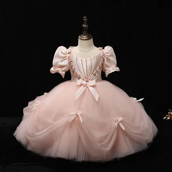 Детское розовое платье для рождественской вечеринки для девочек с цветочными аппликациями, Элегантные свадебные платья принцессы с бантом, детское платье для выпускного вечера, расшитое бисером.