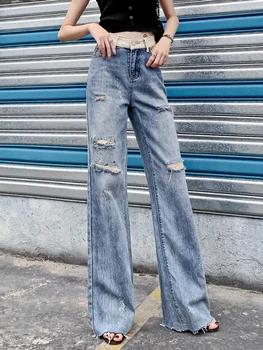 Джинсы с дырками, модные женские уличные джинсы с высокой талией, выстиранные, Ретро-женские прямые широкие джинсовые брюки Mop