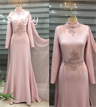 Дубайское розовое вечернее платье Abaya 2023 с накидкой, элегантные Арабские Мусульманские платья для выпускного вечера с длинными рукавами и пером, женское вечернее платье для невесты