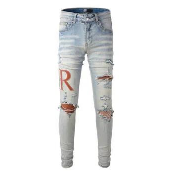 Европейская американская уличная одежда, Новые мужские Рваные джинсы с заплатками, Модные узкие брюки-карандаш, синие Тонкие эластичные джинсовые брюки, Брендовые джинсы