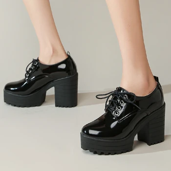 Женская обувь на платформе со шнуровкой в стиле панк, пикантные женские туфли на высоком каблуке толщиной 9 см, женские туфли-лодочки с круглым носком, бесплатная доставка, Zapatos De Mujer