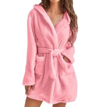 Женская однотонная пижама с длинными рукавами и карманами, капюшоном, халат до колена, халат для домашней одежды h.