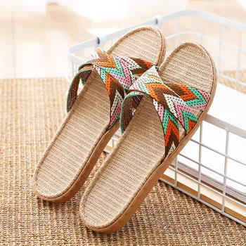 Женские льняные тапочки Летние новейшие разноцветные модные домашние сандалии на плоской подошве с перекрестными ремешками для ванной и пляжа Нескользящие тапочки