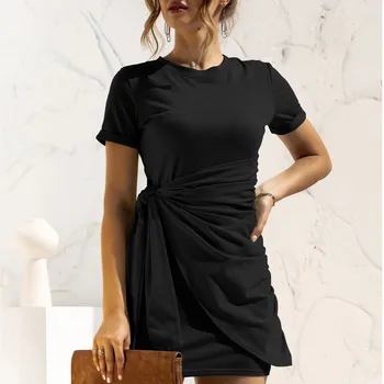 Женские платья, облегающее платье с коротким рукавом и круглым вырезом, женские офисные однотонные черные хлопковые мини-платья для женщин, повседневные платья для вечеринок