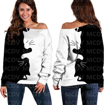 Женский свитер с открытыми плечами и 3D принтом кота, женский повседневный свитер с длинным рукавом, пуловер