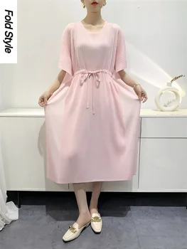 Женское однотонное платье Миди на завязках, новинка лета 2023, свободная плиссированная юбка средней длины, уменьшающая возраст и худеющая