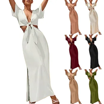 Женское платье Макси с коротким рукавом, завязывающееся спереди, с разрезом по низу, платье трапециевидной формы, летнее платье