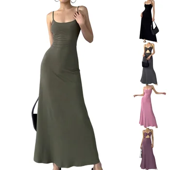 Женское платье на бретельках, однотонное женское облегающее платье Макси, сексуальный стиль, без рукавов, элегантный приталенный наряд для отпуска