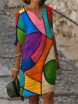 Женское платье с принтом Yitimuceng 2023, модное Винтажное Свободное мини-платье с короткими рукавами, Шикарный Повседневный пуловер с V-образным вырезом, летнее платье