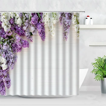Занавески для душа с цветами глицинии, Креативный декор в стиле ретро с цветочным растением на стене, Водонепроницаемая ткань, Занавеска для ванной с крючками