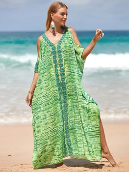Зеленые богемные пляжные платья, прикрывающие купальники с открытыми плечами, Модные кафтаны для женщин, макси-халат, праздничные купальники