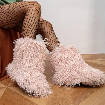 Зимние ботинки 2023 года, женские Меховые ботинки, Фирменный дизайн, Роскошные Сексуальные Плюшевые Хлопчатобумажные сапоги на толстом длинном меху, Женские Сексуальные ботинки из искусственного меха