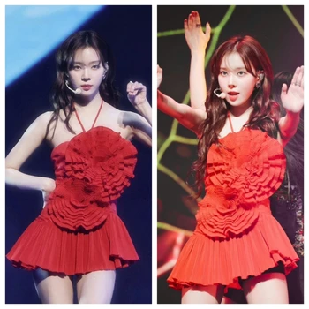 Зимний концерт корейских певцов Kpop, Сексуальные красные платья с открытыми плечами, женское платье в складку с длинным рукавом и неровным подолом