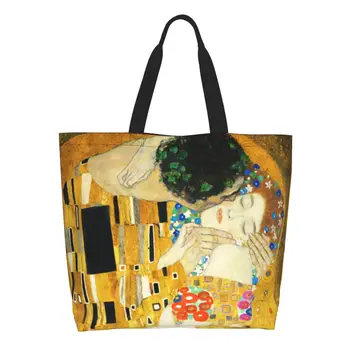 Изготовленные на заказ холщовые хозяйственные сумки Klimt Kiss для женщин, перерабатывающие продуктовые сумки большой емкости Gustav Klimt Freyas Art Shopper Tote Bag
