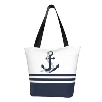 Кавайный принт, морские синие якоря в полоску, сумка для покупок, переносная Холщовая сумка для покупок, парусная сумка для моряков
