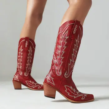 Ковбойские сапоги IPPEUM в западном стиле для женщин, зима 2023, этнический стиль, вышивка, средний каблук, ретро, красные, черные ковбойские туфли, бесплатная доставка