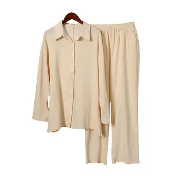 Комплект из рубашки и брюк, однобортный, свободный, с эластичной резинкой на талии, с широкими лацканами, с длинным рукавом, Однотонная мягкая дышащая плиссированная блузка, комплект брюк