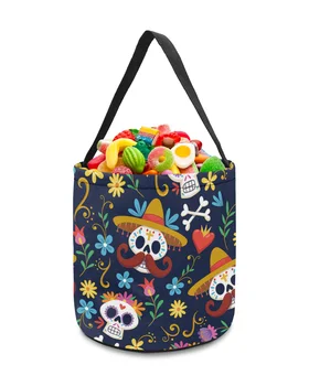 Корзина для хранения с Мексиканским цветочным рисунком черепа, ведерко для конфет, портативная сумка для домашнего хранения, корзина для детских игрушек, принадлежности для украшения вечеринки