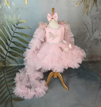 Красивое розовое платье в цветочек для девочек, праздничное платье для детей, детские платья принцессы на День рождения с длинным хвостом, фотография