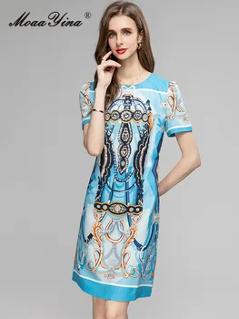 Летнее модное дизайнерское платье MoaaYina с винтажным рисунком, женское свободное повседневное мини-платье с круглым вырезом и коротким рукавом с бриллиантовыми блестками