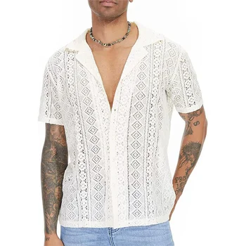 Летняя мужская кружевная рубашка с цветочным рисунком, с короткими рукавами, с вырезами на пуговицах, перспективные рубашки для мужчин, блузки, топы