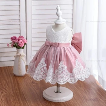 Милое Розовое платье для девочки, Кружевная аппликация, Пачка с большим бантом, платье для первого дня рождения для младенцев, платье принцессы-цветочницы, подарок для маленькой девочки