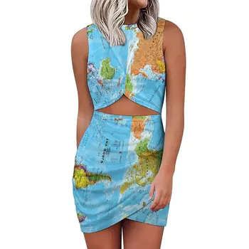 Мини-платье без рукавов с картой мира, винтажные платья Kawaii с принтом, праздничное женское эстетичное облегающее платье на заказ, большой размер