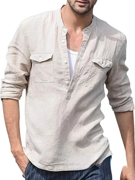 Мужская повседневная рубашка с длинными рукавами из хлопка и льна 2023, свободная рубашка с карманом