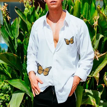 Мужская рубашка с длинными рукавами 2023, весна и осень, новый дизайн в пляжном стиле с принтом бабочки, повседневная рубашка большого размера